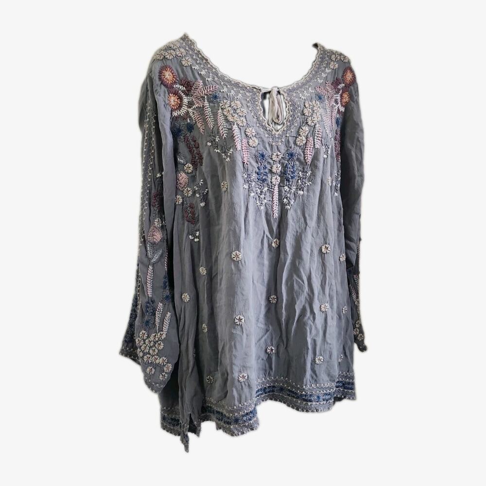 Johnny Was Santorini Embroidered Tunic Top Size 1X Floral Boho Pheasant Blouse